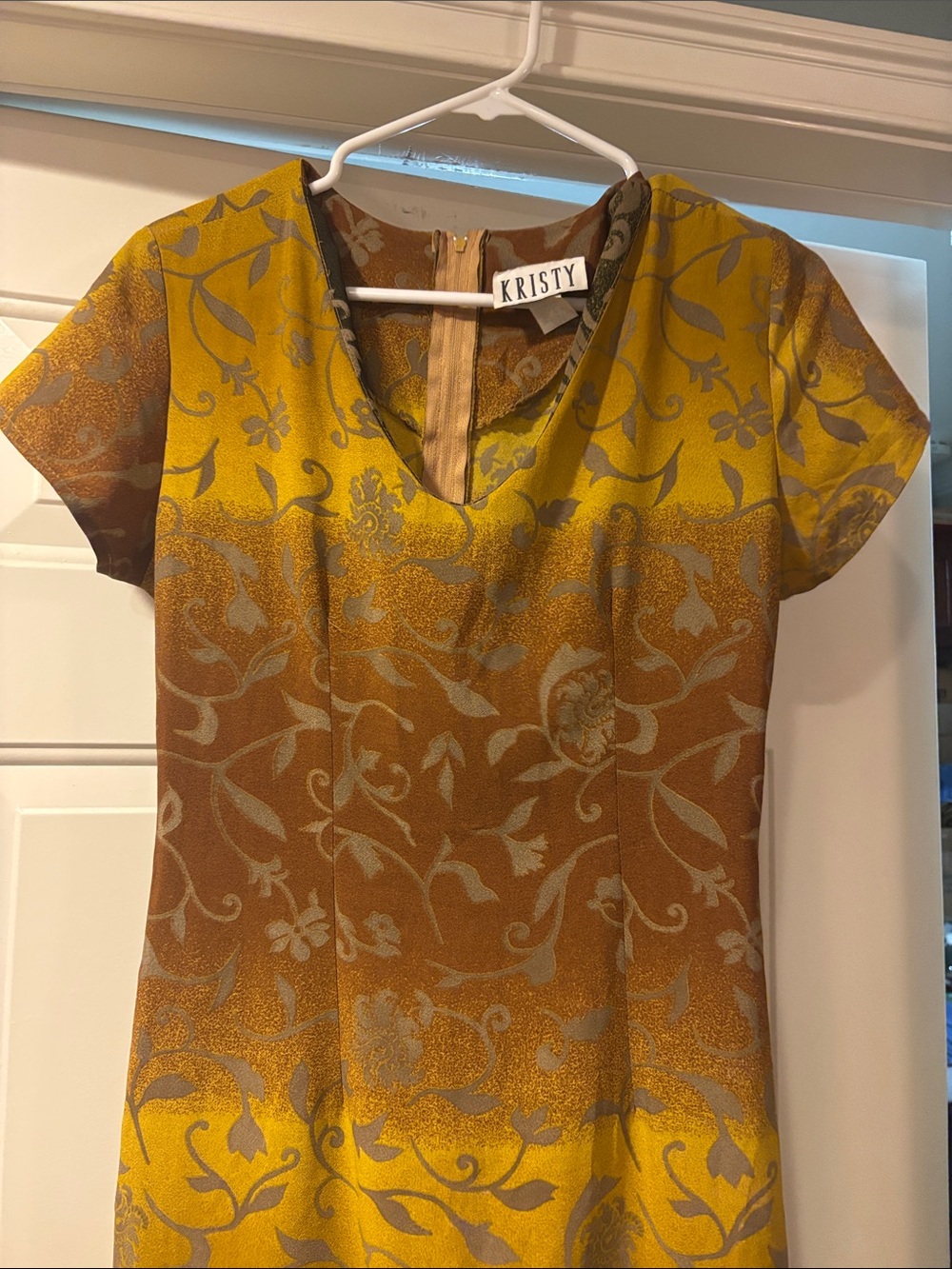Kristy Vintage Yellow Brown Floral Pattern Short Sleeve Sheath Dress